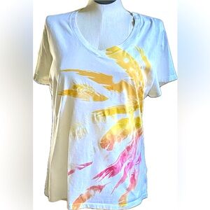 JMS White VNeck Tshirt with Knockout colorful feather design touch of sparkle XL